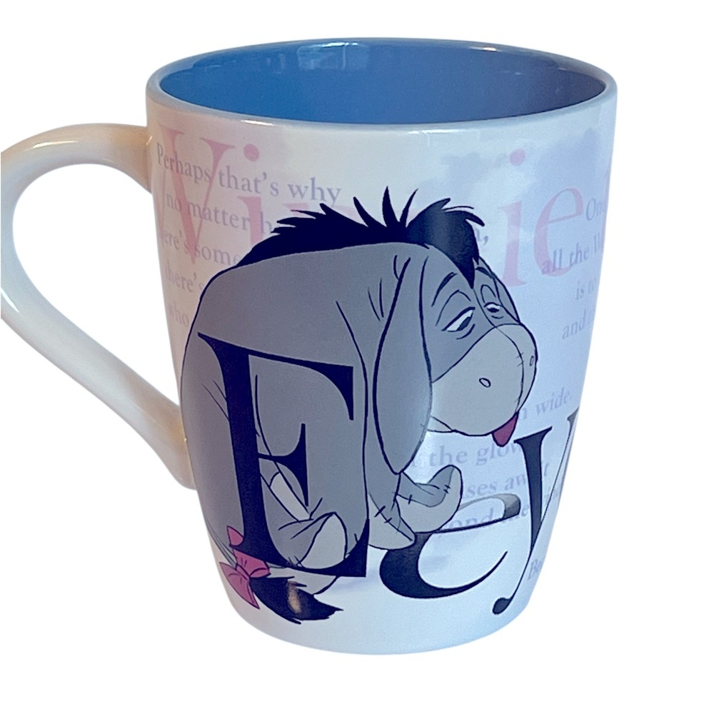 Walt Disney Unique Eeyore Ceramic Mug with White/Blue/Gray/Pink Coloring.  16 oz
